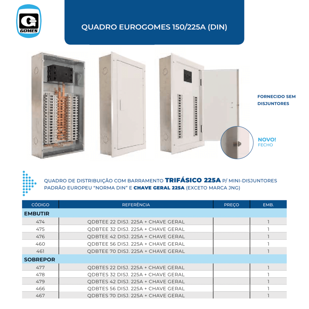 Quadro de Distribuição Embutir Aço Carbono 56 DIN Barramento 225A