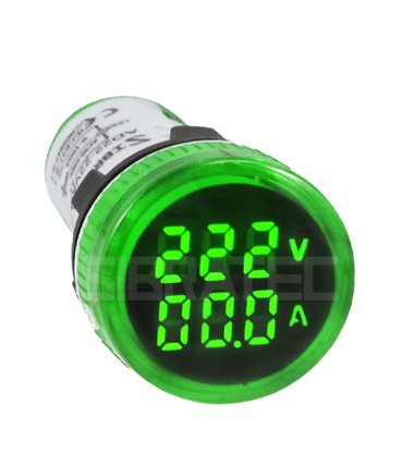 Voltímetro e Amperímetro Digital 22mm Verde 60-500v 0-100A AD22-22 Sibratec